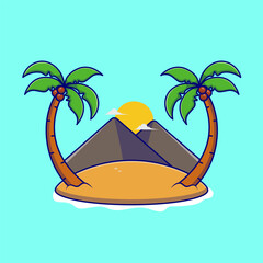 Cartoon Palm Tree on Beach with Mountain in Summer Theme