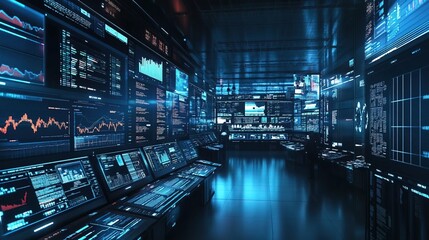 A futuristic Wall Street trading floor operated entirely by AI algorithms