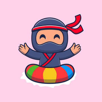 Cute Cartoon Ninja with Inflatable Ring on Summer Vacation