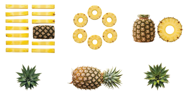 A detailed collection of pineapple in various forms, showcasing sliced rings, cut chunks, a whole pineapple, and pineapple tops, illustrating its readiness for consumption and tropical appeal