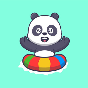 Cute Cartoon Panda with Inflatable Ring in Summer Theme
