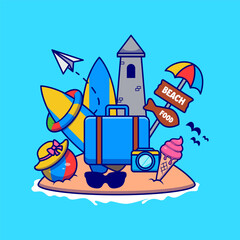 Cartoon Illustration of Beach Vacation Elements in Summer Theme