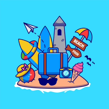 Cartoon Illustration of Beach Vacation Elements in Summer Theme