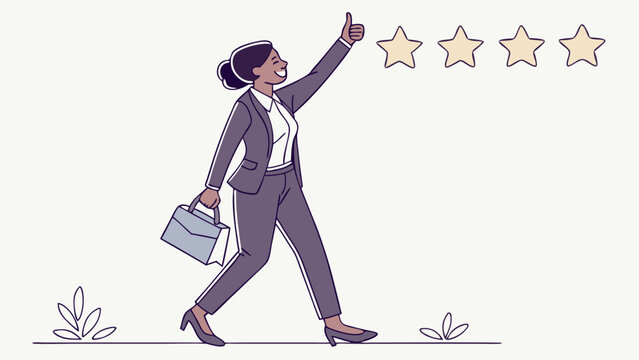 Businesswoman in suit walking with briefcase giving thumbs up next to rating stars on a white background
