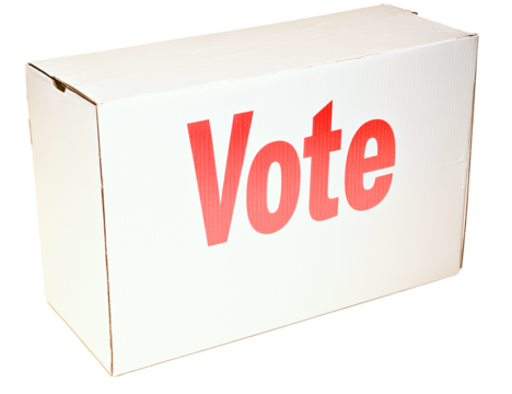 White cardboard box with red Vote text, isolated, transparent background