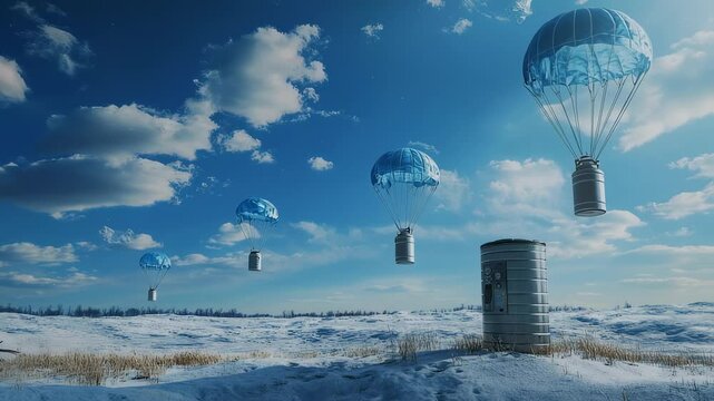 Conceptual delivery system over snowy landscape with blue parachute pods
