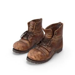 Worn Leather Work Boots isolated on transparent background
