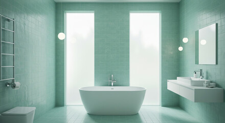 Serene aqua bathroom interior design with bathtub and minimalist fixtures