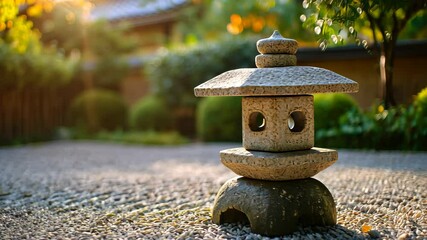 A tranquil zen garden with raked gravel and a stone lantern under soft light - Powered by Adobe