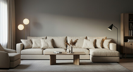 Serene and Minimalist Interior Design Featuring a Comfortable Beige Sectional Sofa