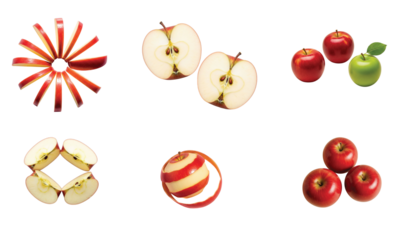 A comprehensive visual study of apples, showcasing sliced, halved, whole red and green varieties, peeled, and quartered sections, highlighting their freshness and versatility