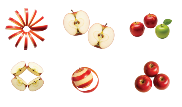 A comprehensive visual study of apples, showcasing sliced, halved, whole red and green varieties, peeled, and quartered sections, highlighting their freshness and versatility