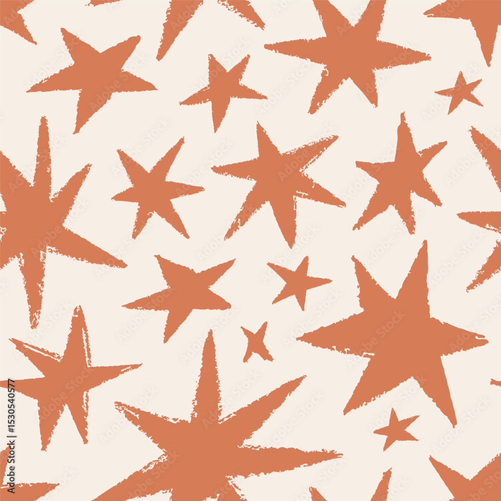 Poster Star texture pattern. Seamless repeating print, starry background in modern style. Endless design with rough grunge drawing, hand-drawn sparkles. Flat vector illustration for textile, wrapping