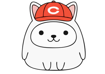 Cute cartoon character of a fluffy animal wearing a red cap with the letter "C" on a transparent background