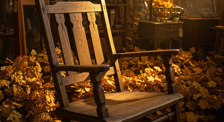 Rustic rocking chair nestled amid autumnal leaves evoking feelings of nostalgia