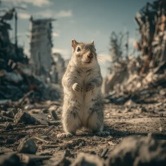 A giant squirrel poses on its hind legs in the midst of a destroyed urban area as golden light bathes the scene, highlighting the contrast of nature and rubble
