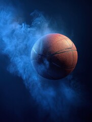 Floating Basketball Surrounded by Blue Mist Creates a Surreal Atmosphere in a Sports-Themed Setting