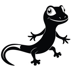 Amusing black cartoon gecko smiles and extends its tiny cartoon hands confidently