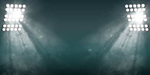 Football stadium field illuminated by spotlights. Realistic 3d render of white bright light beams on green night soccer pitch. Empty sport arena for championship playground background. 3D illustration © marozhkastudio