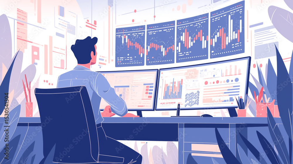 Poster man sitting at desk with multiple monitors displaying stock market charts and data analysis view fro