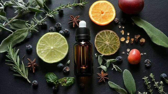 Aromatic elixir in amber bottle with botanical accents against dark surface