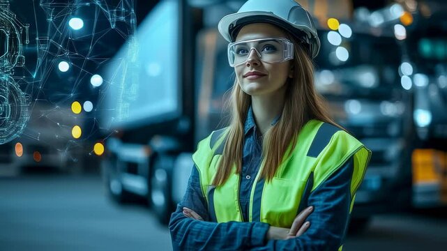 Female engineer overseeing truck fleet with integrated digital overlay visual