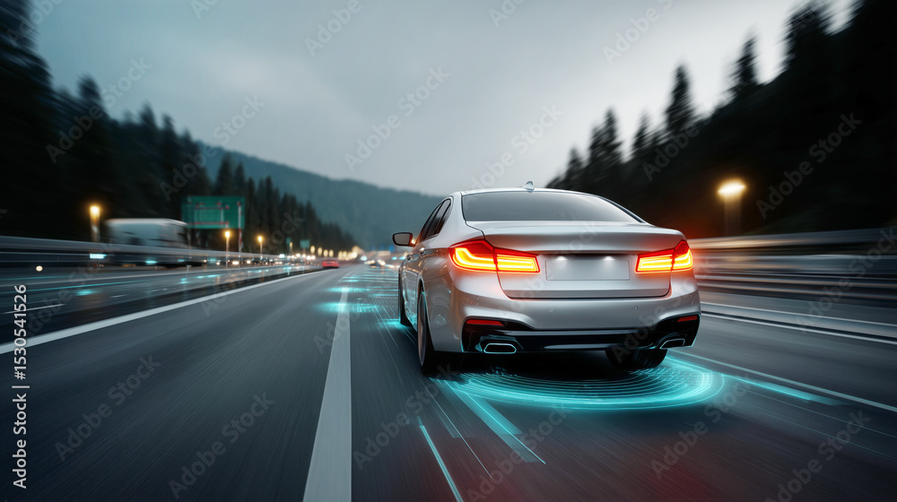 Aufkleber a sleek car speeds along a well-lit expressway during dusk, utilizing advanced lane recognition tech