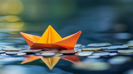 An orange paper boat floats gracefully on a calm surface. Its reflection shimmers in the water. Coins surround the boat, symbolizing wealth and adventure. Generative AI