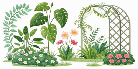 PNG Lush green garden elements, element set on transparent background