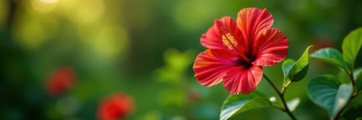 Single red hibiscus, out-of-focus verdant backdrop, petal, red