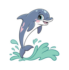 Adorable vector of a happy dolphin splashing and playing in the sea. Perfect for summer-themed kids' products, T-shirts, and print-on-demand designs. Bright, cheerful, and full of ocean fun!