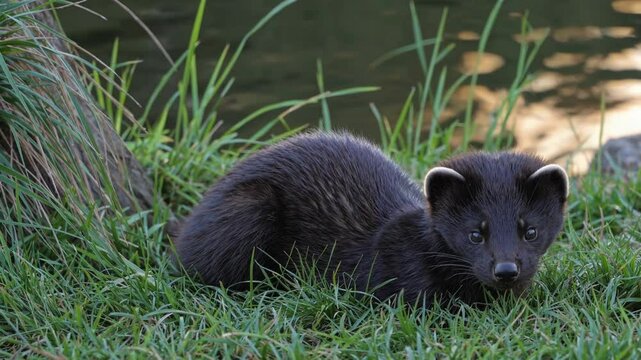 American mink resting in tranquil grass by the water