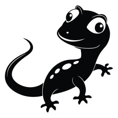 Animated black lizard with white spots is cheerfully smiling, isolated on white