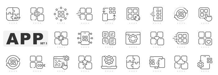 Set of mobile app related line icons. Device, screen, application, program etc. Editable stroke. Set 3