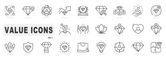 Set of value related line icons. Brilliant, diamond, gem etc. Editable stroke. Set 3
