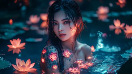 A serene moment captured in water. The beauty of nature surrounds a young woman. She embodies grace and tranquility. Floral reflections add vibrancy. Generative AI