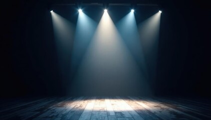 Intense spotlight on empty stage, dramatic shadows, visual, center