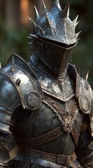 Knight clad in intricately designed iron armor featuring spikes stands vigilant among trees, embodying the spirit of chivalry and readiness for combat in a mystical forest