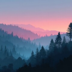 Soft mist blankets the mountain landscape in serene tones of blue and pink at dawn. The quiet beauty of nature comes alive as the first light breaks through the trees