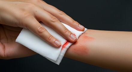 cleaning the bleeding wound on the arm using gauze, made by Ai