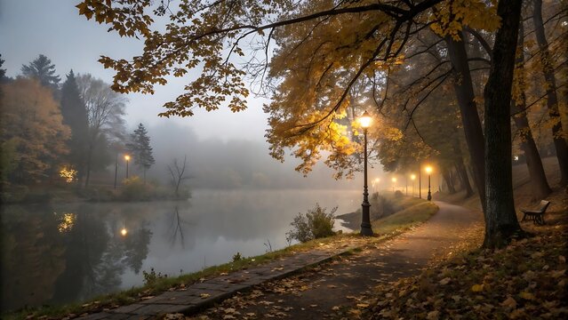 A hyper-realistic, ultra HD night scene featuring a calm water lake surrounded by autumn trees with golden and orange leaves.