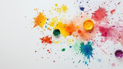 Abstract art piece with a white background. it is made up of multiple splashes of different colors, including red, orange, yellow, green, blue, purple, and pink.