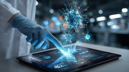 Nanotechnology expert using a tablet with a digital interface overlay showing molecular structures, atomic behavior, and technology graphs nanoparticles, quantum dots, self-assembly, nanoelectronics.