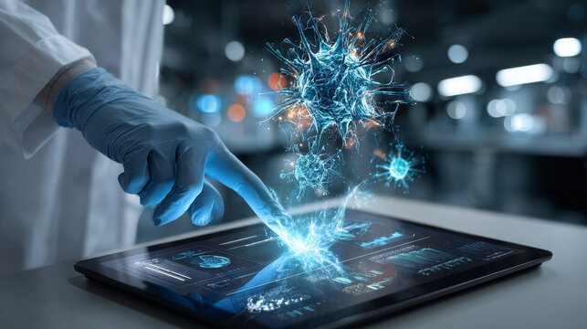 Nanotechnology expert using a tablet with a digital interface overlay showing molecular structures, atomic behavior, and technology graphs nanoparticles, quantum dots, self-assembly, nanoelectronics. - Powered by Adobe