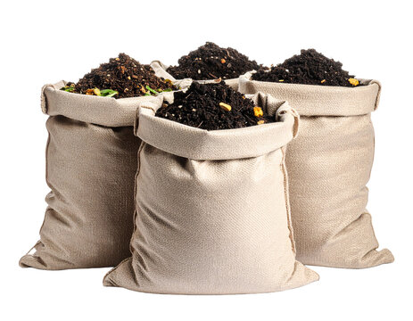 Three burlap sacks filled with compost soil on white backdrop