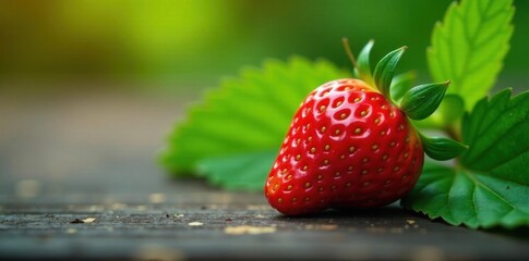 Juicy strawberry against blurred green leaves, ripe, fruit