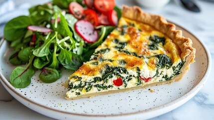 A slice of spinach and feta quiche on a white plate with a side salad of greens, cherry tomatoes, and radishes