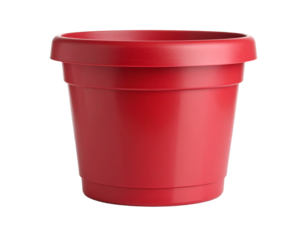Red plastic flower pot for gardening or plant decoration.