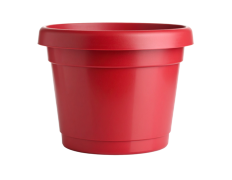Red plastic flower pot for gardening or plant decoration.