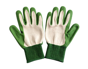 Pair of green and white gardening gloves with textured grip, isolated on white.